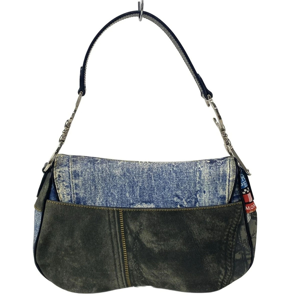 DIOR Christian Double Saddle Bag Handbag Denim Blue Red Multi Leather - Picture 3 of 7